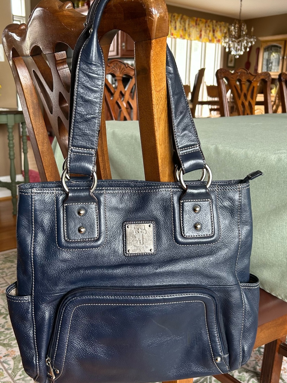 Tignanello Navy Blue Leather Tote with Front Zip Pocket